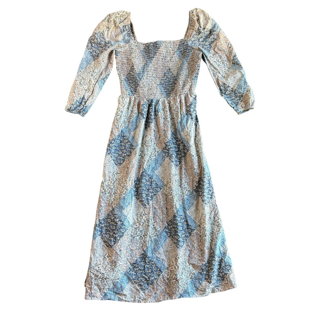 Time & Tru‎ Paisley Print Smocked Midi Dress Puff Sleeve Square Neck Size S